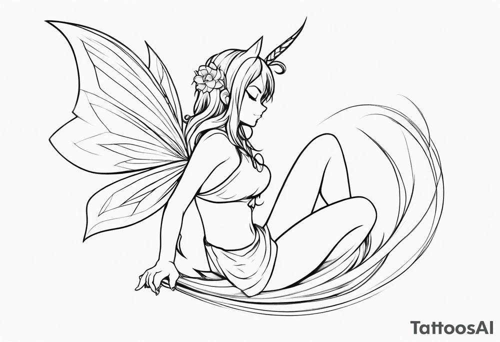 No color sketch of a fairy with a tail inspired by the guild symbol in the anime show called Fairy Tail in a fetal position leaning in and forward while crawled in hugging herself floating tattoo idea