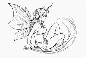 No color sketch of a fairy with a tail inspired by the guild symbol in the anime show called Fairy Tail in a fetal position leaning in and forward while crawled in hugging herself floating tattoo idea