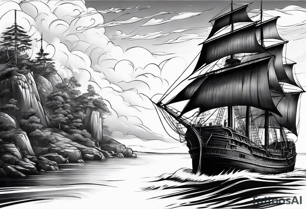 huge dark wooden ship facing left tattoo idea