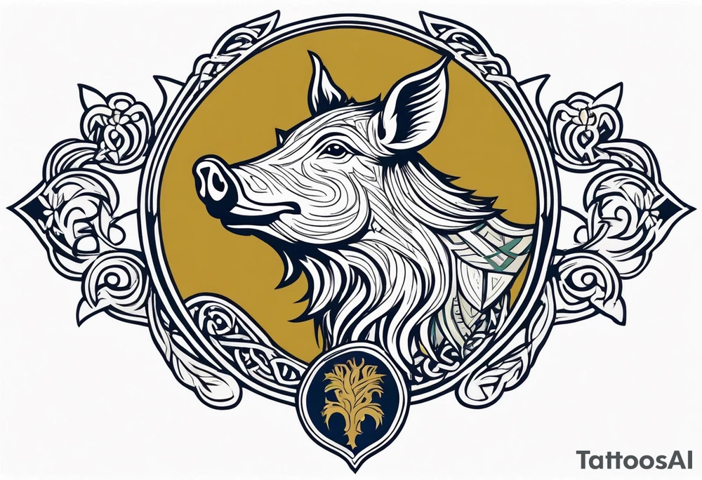 Side profile, Celtic, tribal, wild boar, On a Chatwin family crest with blue background, two gold stars, and a gold Chevron, and a Thistle tattoo idea