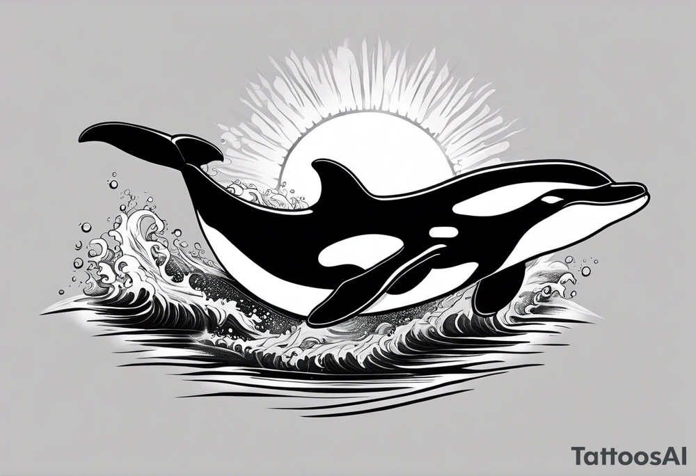 A male orca, black tattoo, 6-7 cm. sun beams in water, male orca diving down, tattoo viewpoint is half in water half out but mostly underwater with sunbeams shining through. maybe in a circle or square. tattoo idea