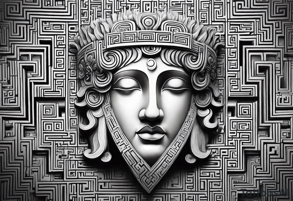 A three dimensional labyrinth covering the arm in a large Greek key pattern tattoo idea