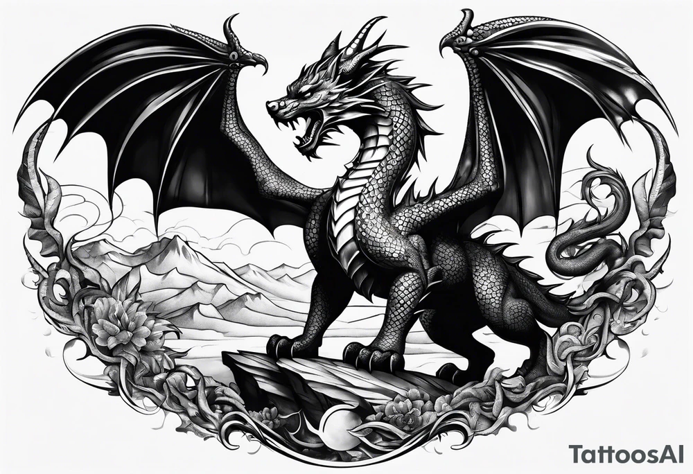 cat and dragon in landscape tattoo idea