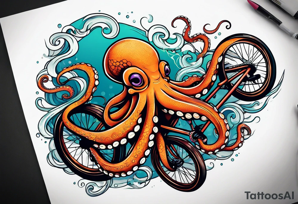 Octopus peaceful riding a bike tattoo idea