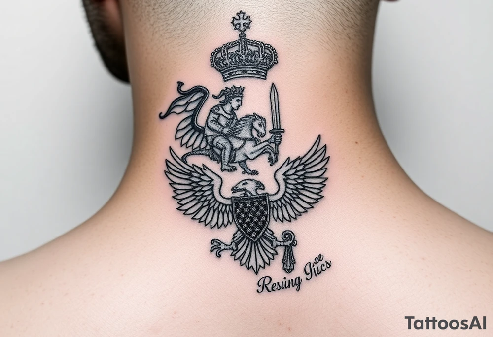St. George slaying the dragon (hugely common in Russian Orthodox art)
Russian imperial crown above the eagle
Crossed swords or a Russian sabre
The Kremlin or St. Basil's Cathedral scene tattoo idea