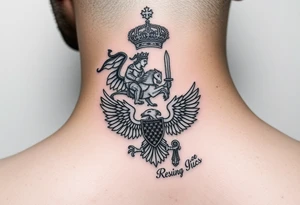 St. George slaying the dragon (hugely common in Russian Orthodox art)
Russian imperial crown above the eagle
Crossed swords or a Russian sabre
The Kremlin or St. Basil's Cathedral scene tattoo idea