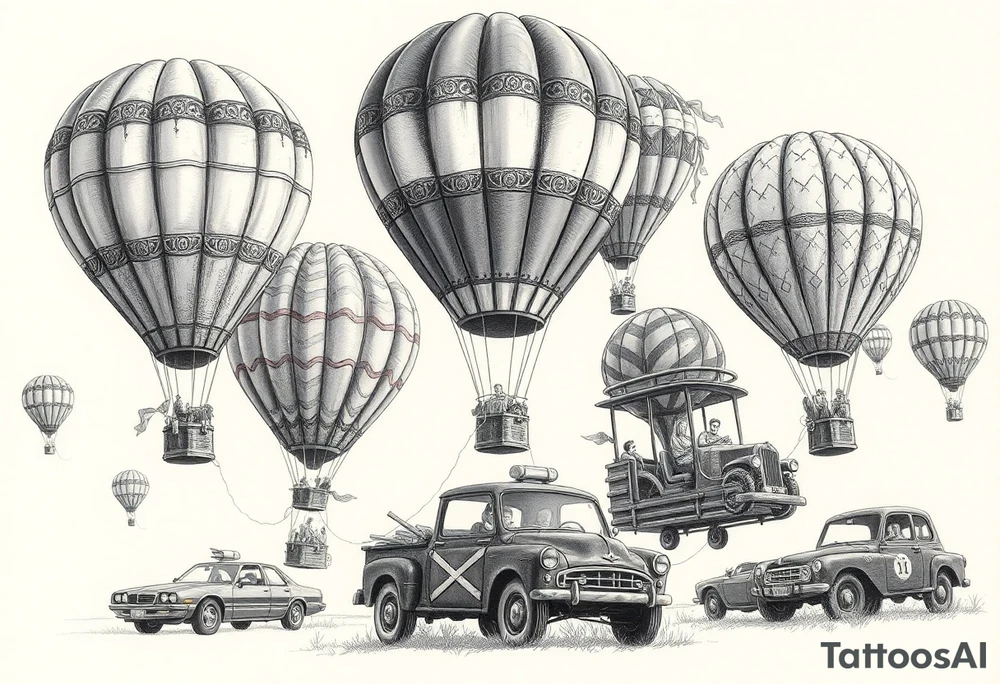 in a very steam punk vibe i want you to make a picture of a bunch of old beat up cars with people lounging in them and garbage and junk all up in and on them, tied to hot air balloons floating in the sky right about dusk and they are as far as the eye can see i want the cars to be floating as if they were the basket to the hot air balloons and the hot air balloons are all different colors and patterns and some are old and patched and i dont want to see the ground at all  i want this to be a scene that is up in the sky with them all floating under the balloons like it is in a dream tattoo idea