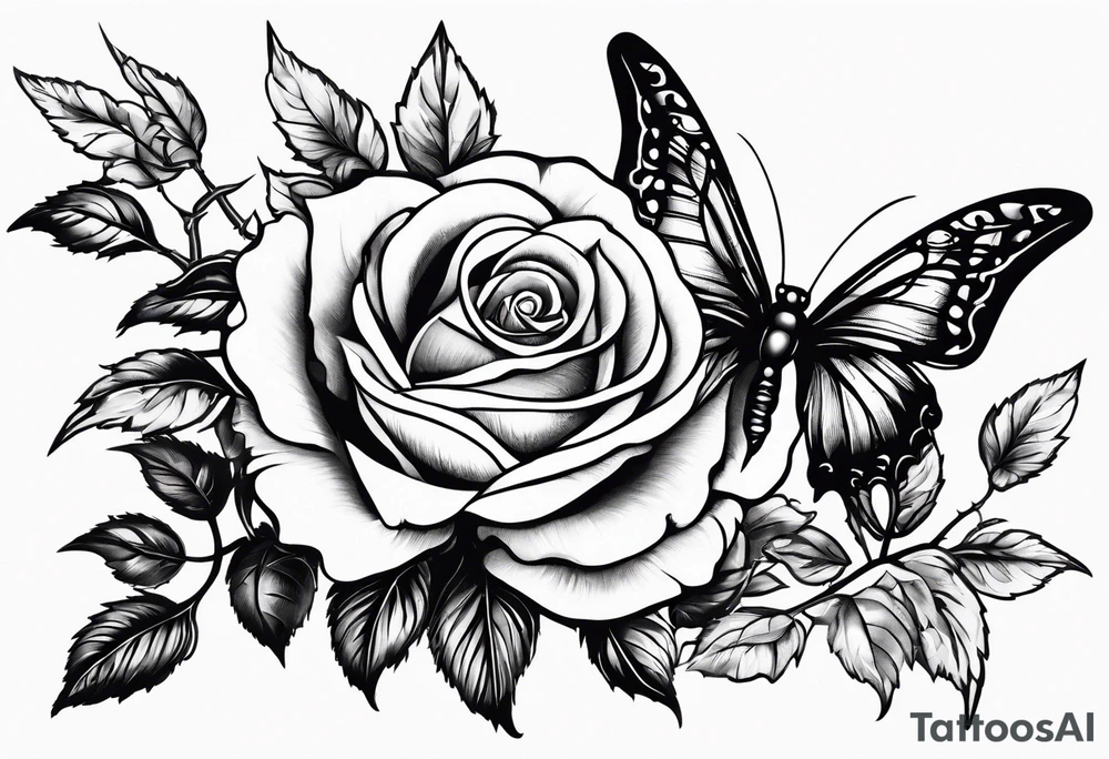 Roses on a vine, thorns, butterfly wings in the center tattoo idea