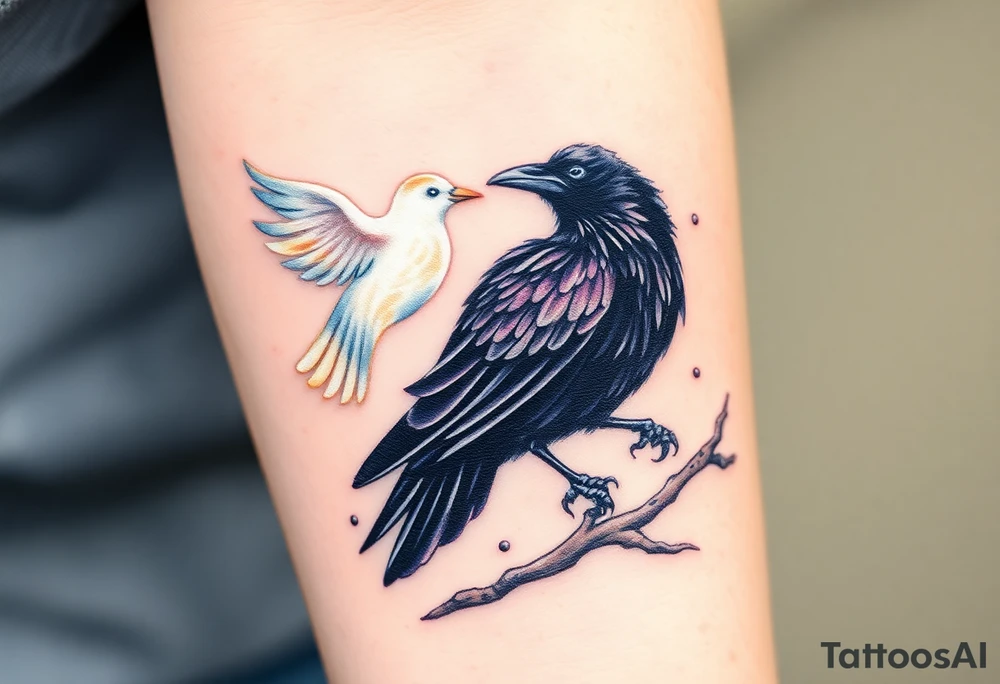 A pure white dove, soaring with soft golden light in its wings, is sharply contrasted with a black raven, its feathers shimmering in deep purples and blacks, perched ominously on a gnarled branch, symbolizing the tension between peace and darkness. tattoo idea
