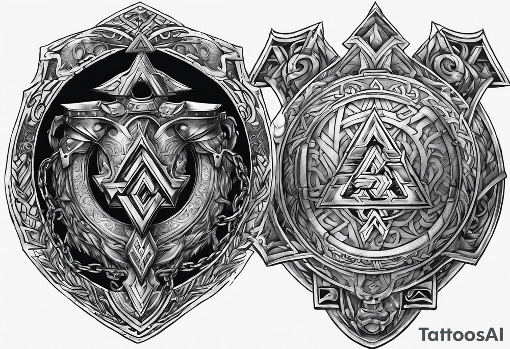 Valhalla sword round shield axe Valknut steps fire chains tattoo idea Valhalla sword round shield axe Valknut steps fire chains tattoo idea