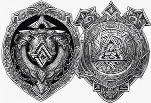 Valhalla sword round shield axe Valknut steps fire chains tattoo idea