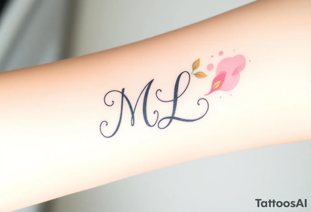 A mother and child’s initials (M and L) intertwined in a flowing script, with soft pastel watercolor splashes in the background tattoo idea