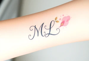 A mother and child’s initials (M and L) intertwined in a flowing script, with soft pastel watercolor splashes in the background tattoo idea