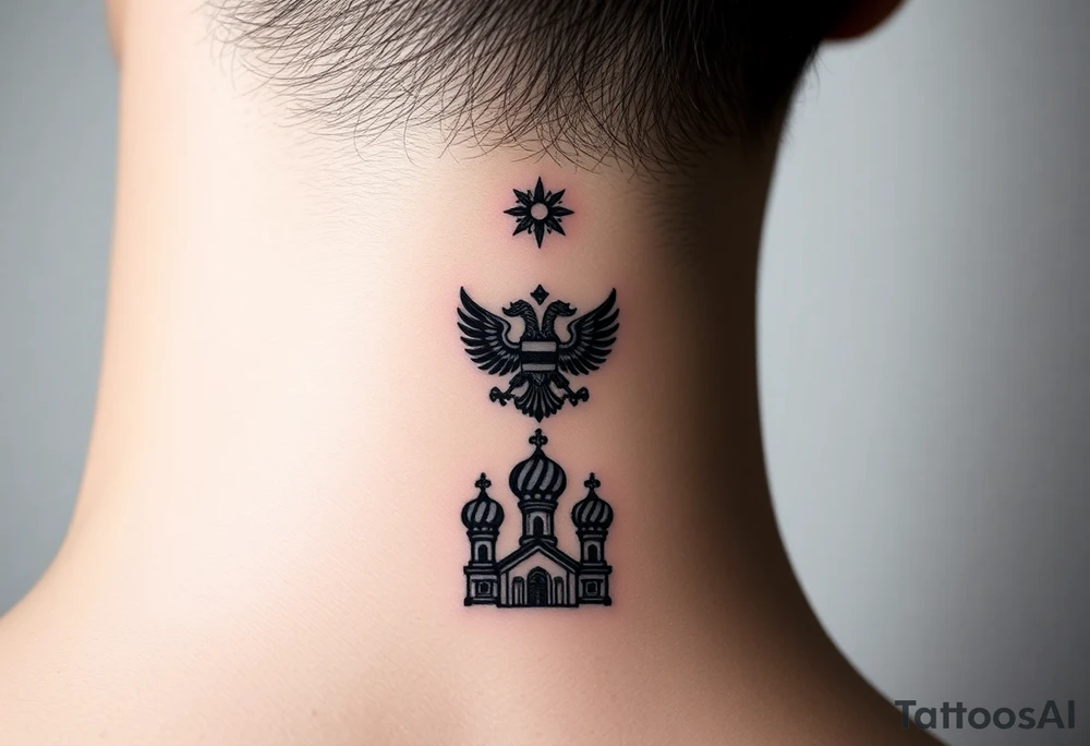 Stacked Vertical Column 

Russian star — small, bold
Middle: Miniature double-headed eagle — simplified, cleaner lines to suit the smaller space
Bottom: Orthodox church dome(s) with a small Virgin Mary silhouette beneath tattoo idea