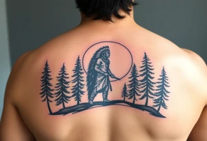 Native american warriors silhouette at sunset with cedar trees tattoo idea