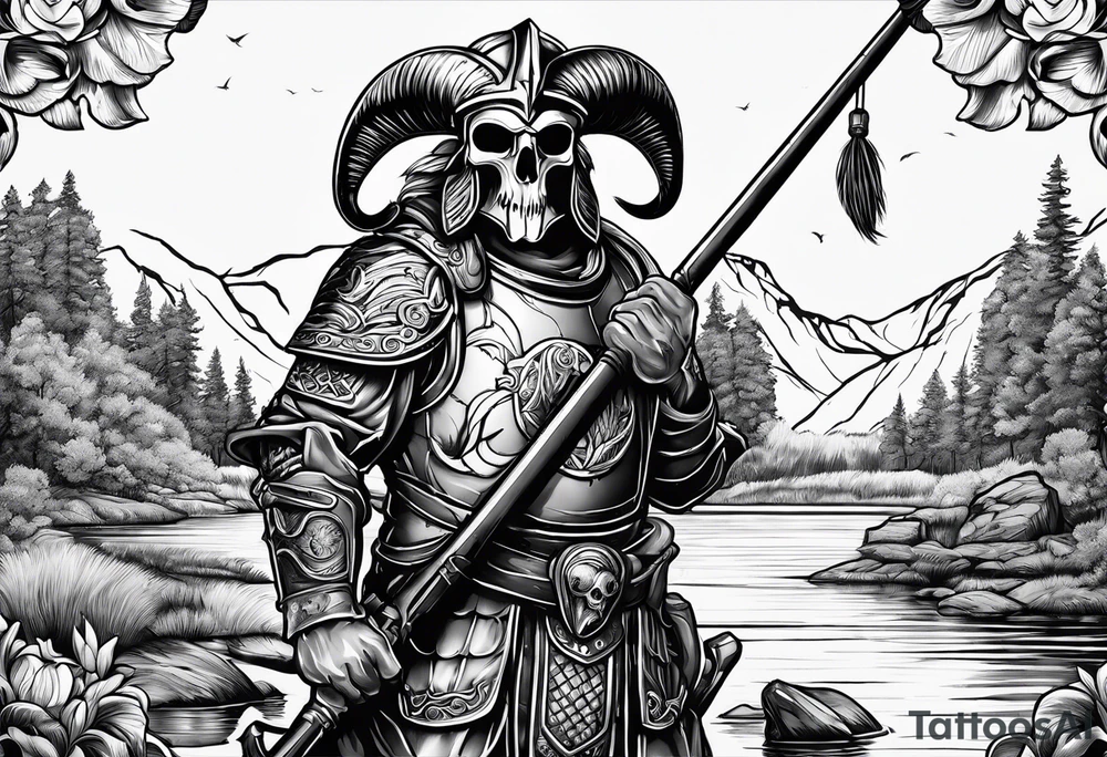 fisherman by the pond, Angel, rams skull, gladiators helmet tattoo idea