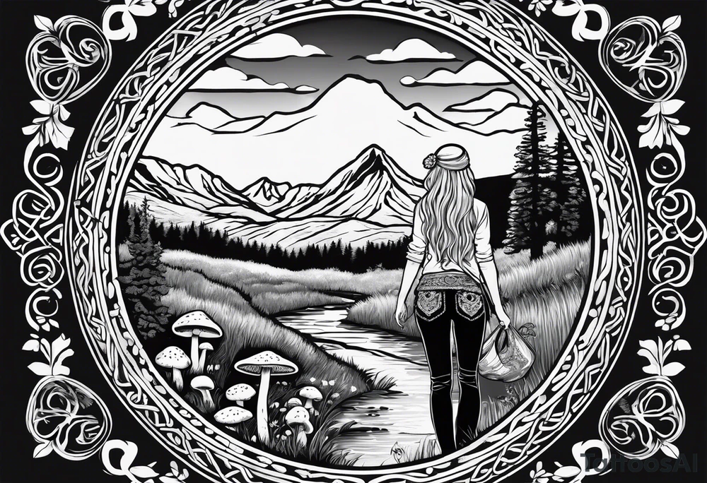 Whole picture encircled fully

Straight long blonde hair hippie girl in distance holding mushrooms in hand facing away toward mountains and creek surrounded by mushrooms long sleeve shirt and hiking pants; whole rendering within a full celtic circle border, no cut off circle tattoo idea