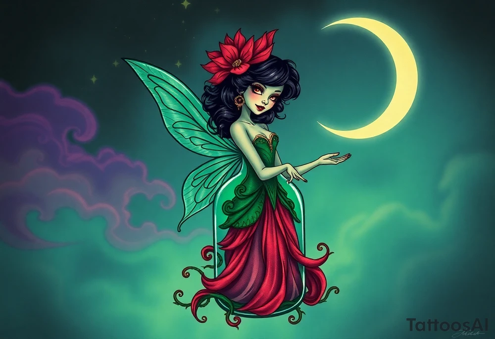 Tim Burton’s kelly doty pin up style Vintage Parisian elegant and hauntingly beautiful yet eerie full body absinthe Green Fairy dances outside her victorian crystal decatur she was once inside this elaborate ornate bottle absinthe bottle Absinthe Art Nouveau   and dripping with muted reds, dusty pinks, and eerie green glow.purple and cyan smokey clouds swirl in the crescent moonlit sky thats sprinkled with stars tattoo idea