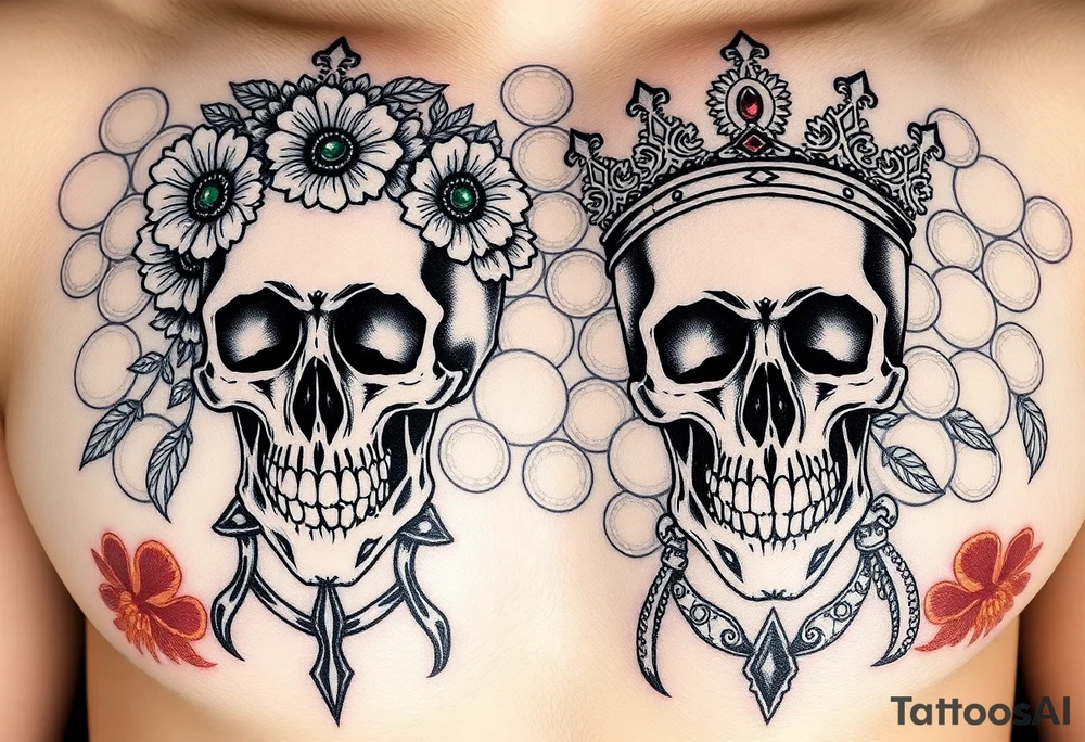 ornate man and woman’s skulls both adorned with a crown and the woman’s skull should have a crown of wild daisies roses with Thornes. The mans should have emeralds. With a background of gold coins and rubys treasure tattoo idea