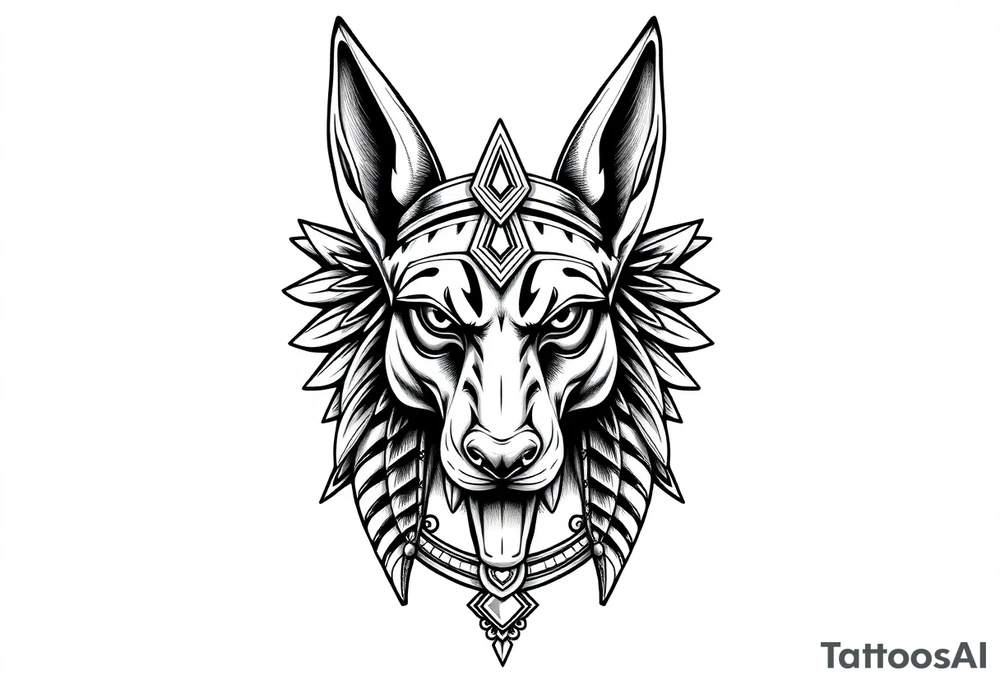 Egyptian Anubis god face muscle in Egypt style  with mantle on head

dog face surrounded Egyptian symbols based on elements tattoo idea