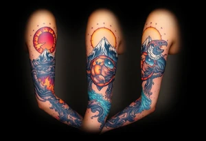 turtle sleeve with mountains, fire, water, air tattoo idea
