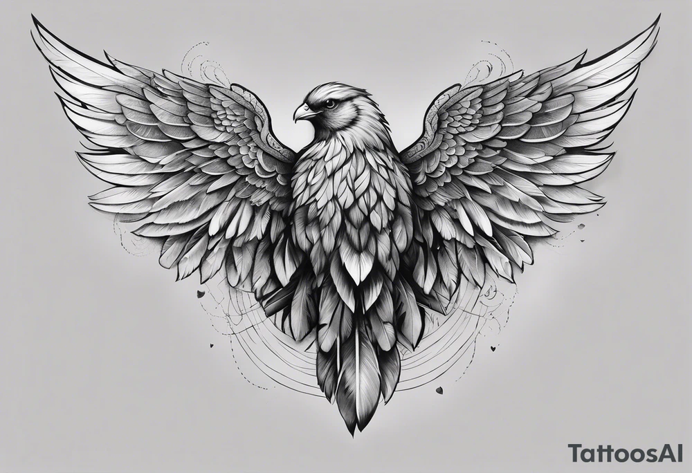 wings extending from a mens shoulders, covering the upper arms and upper back. The feathers are intricately detailed, with soft shading in black and gray to create depth and texture. The wings gently converge in the middle of the back, forming a harmonious and cohesive design. tattoo idea