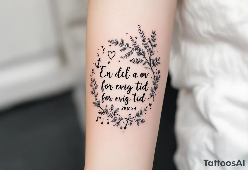 Quote: "En del av deg for evig tid. 
Pappa 20.12.24"
Surround the quote with delicate long gladious, music notes, hearts and an anchor tattoo idea