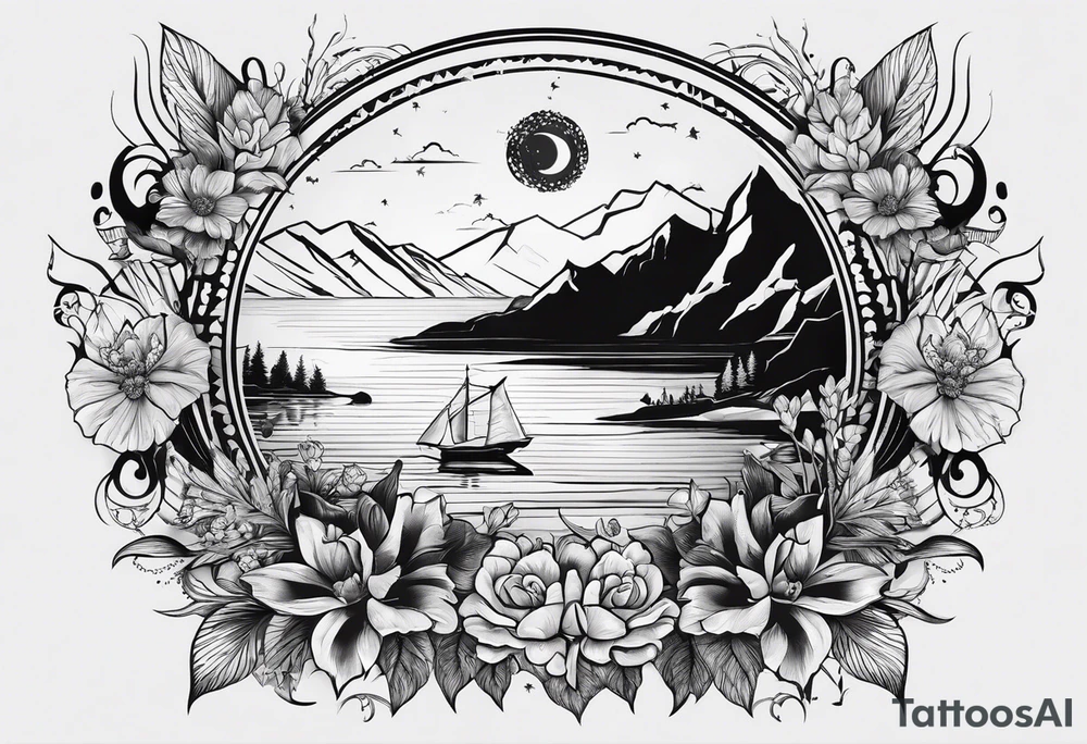 A tattoo with the word "HARK" include images related to rock climbing, traveling, and lakes. Do not include flowers. tattoo idea