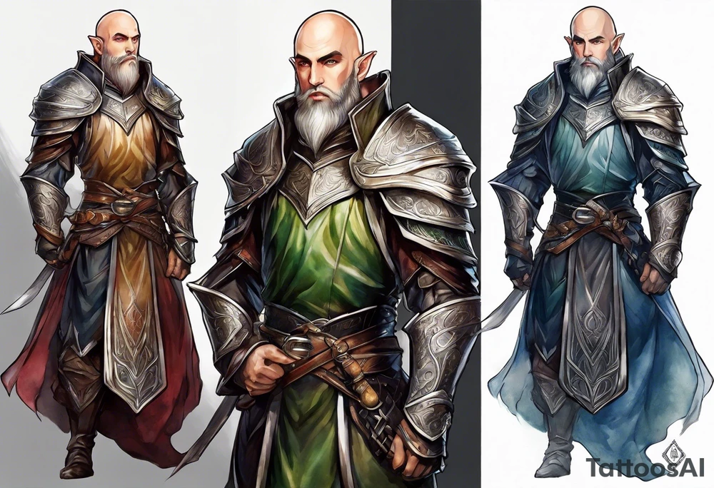 a full-body picture of a human elf, bearded bald male, paladin, from a distance tattoo idea