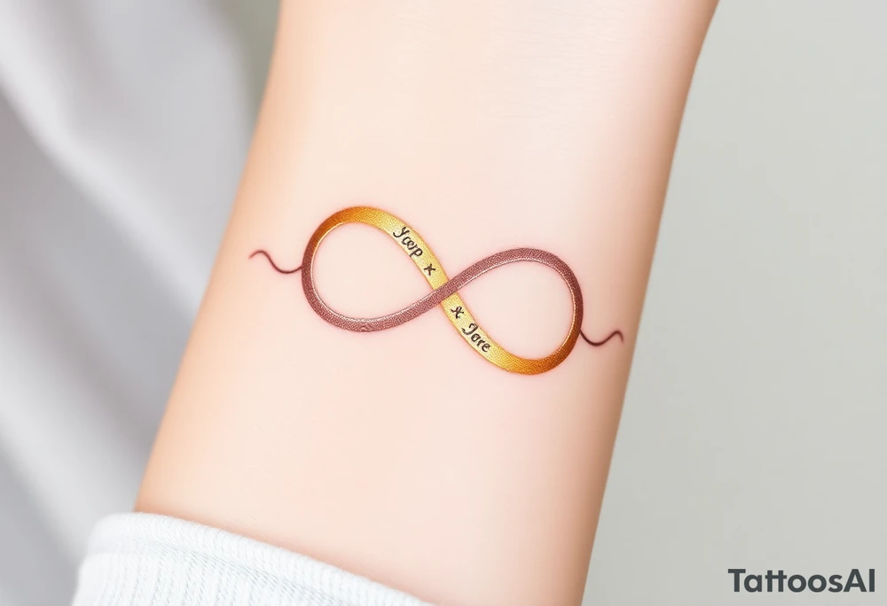 A delicate infinity symbol in shimmering champagne gold, intertwined with wedding rings engraved with the couple’s initials tattoo idea