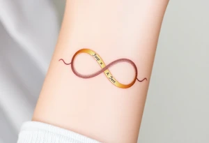 A delicate infinity symbol in shimmering champagne gold, intertwined with wedding rings engraved with the couple’s initials tattoo idea