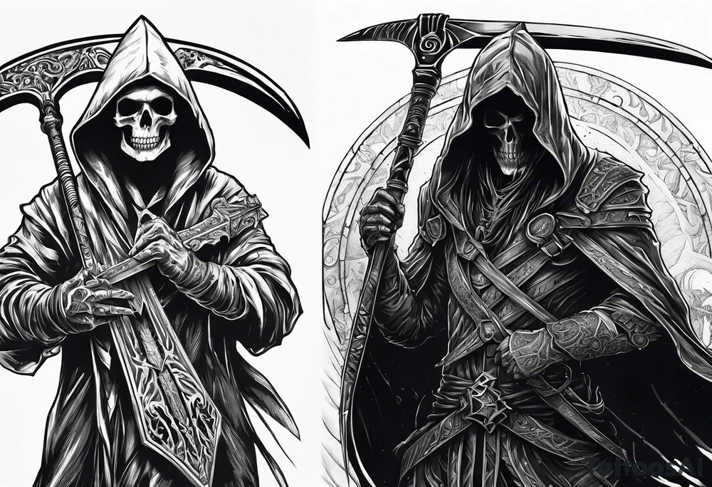 hooded human necromancer holding a large scythe in 1 hand and raising a skeletal warrior under his other hand that is glowing tattoo idea