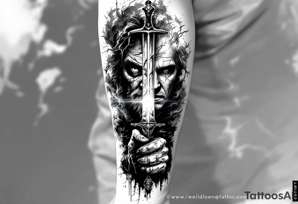A black and grey tattoo sleeve with elements of stoicism and internal struggle. A weathered face, split in half, one side strong and confident, the other side cracked and fading into mist, symbolizing the silent battles fought within. A hand grips a sword with a worn, chipped blade, showing the scars of battle but still sharp. Behind the figure, a storm rages, with a single beam of light piercing through. Hidden within the shadows, faint words like “Memento Mori” and “Still Here” blend naturally into the design. The tattoo has a smooth gradient from dark at the wrist to light at the shoulder, creating a seamless flow of struggle to victory. tattoo idea