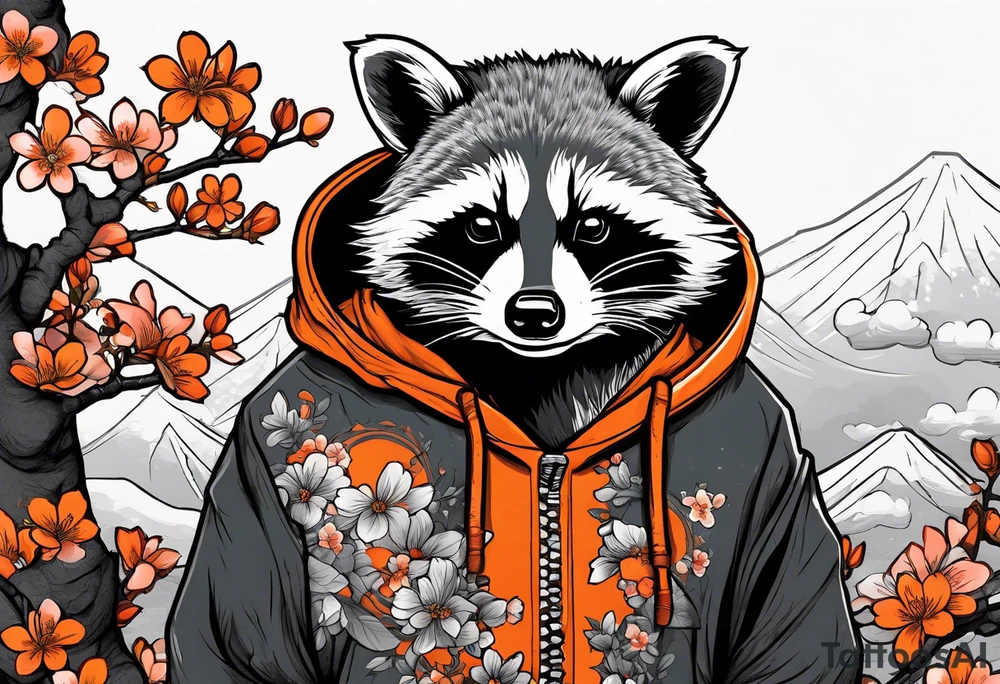 raccoon wearing a black and white Superman hoodie and orange Japanese cherry blossoms tattoo idea