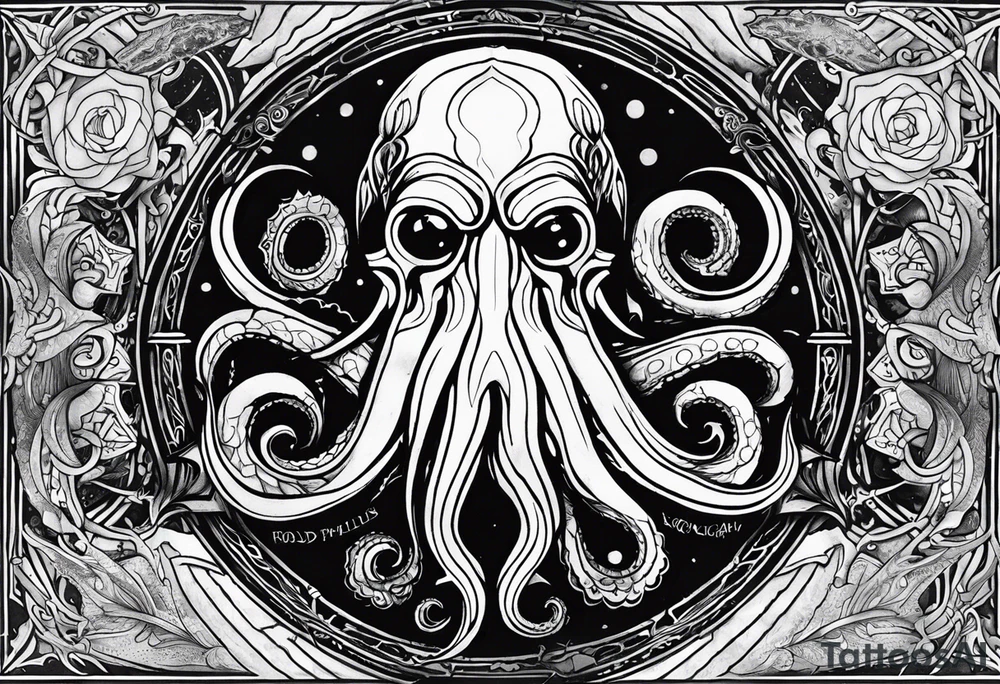 Inner forearm tattoo rapresenting cthulhu and the author howard philips lovecraft, with cthulhu's sigil in the bacground tattoo idea