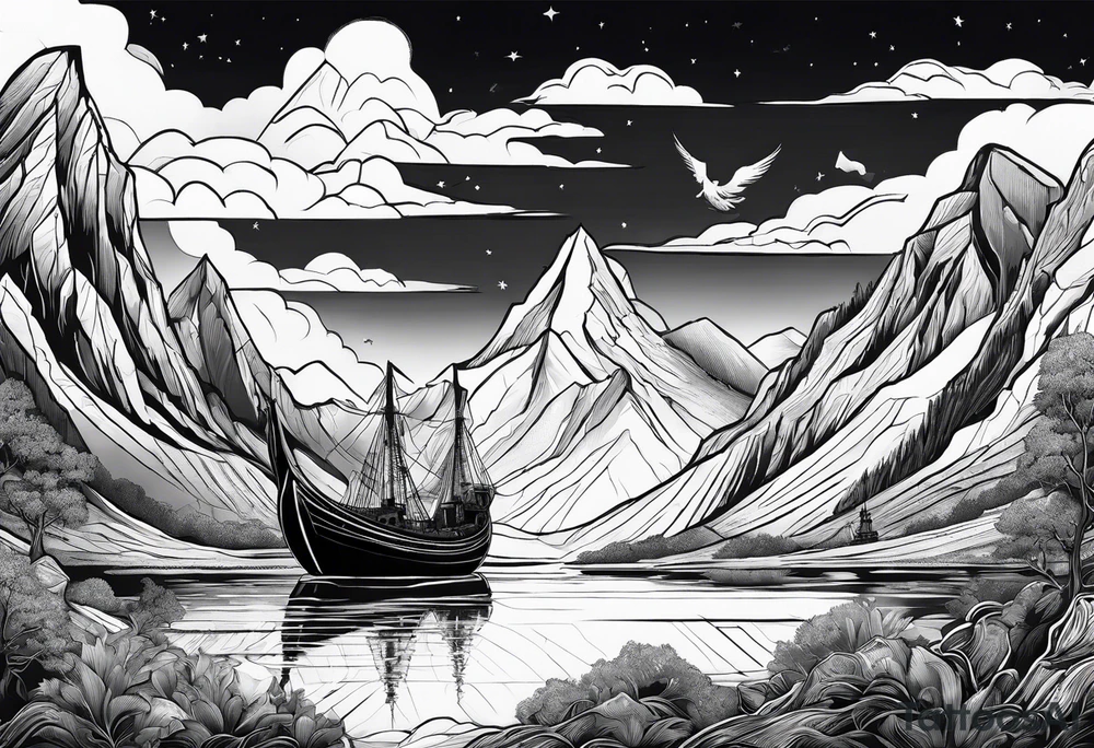 Mountains with Thor and his boat pulled by goats flying over them tattoo idea