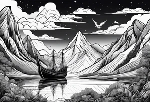 Mountains with Thor and his boat pulled by goats flying over them tattoo idea
