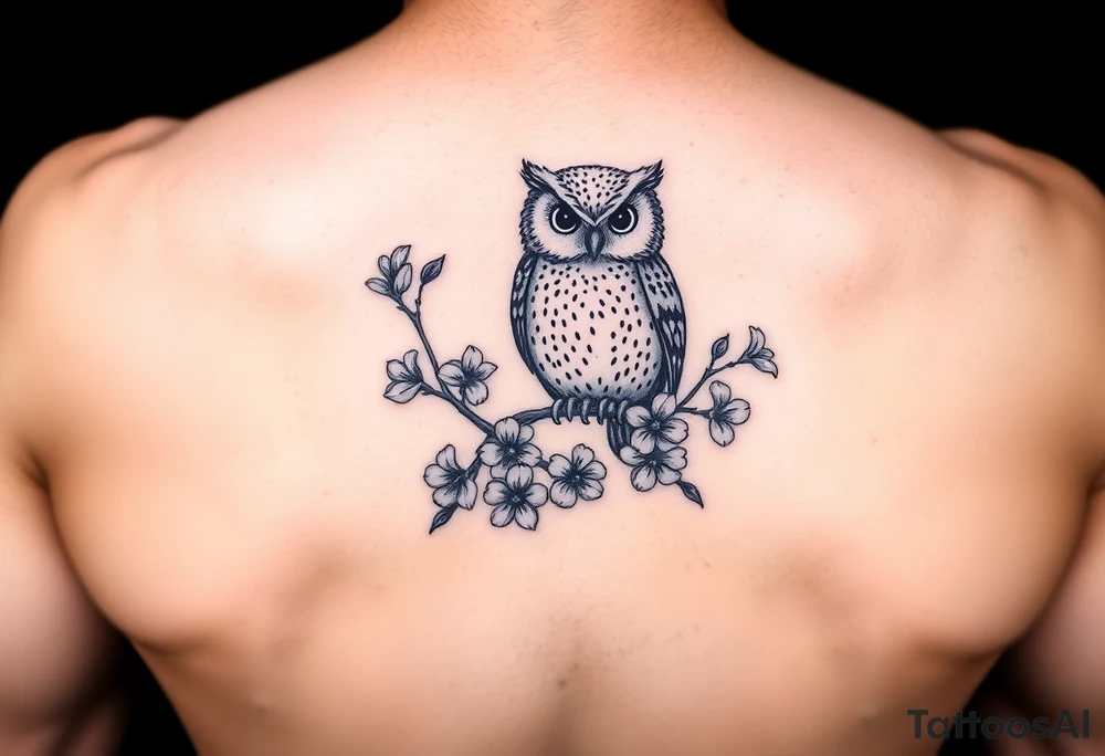 Cute owl sitting on a branch of violets tattoo idea