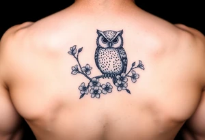 Cute owl sitting on a branch of violets tattoo idea