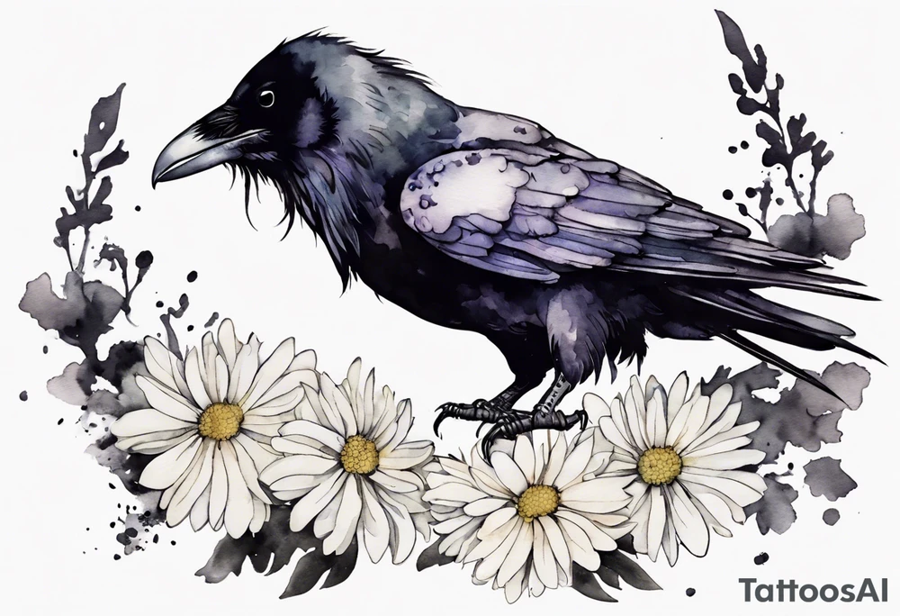 a raven with a small white chrysanthemum headband tattoo idea
