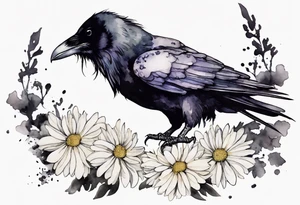 a raven with a small white chrysanthemum headband tattoo idea