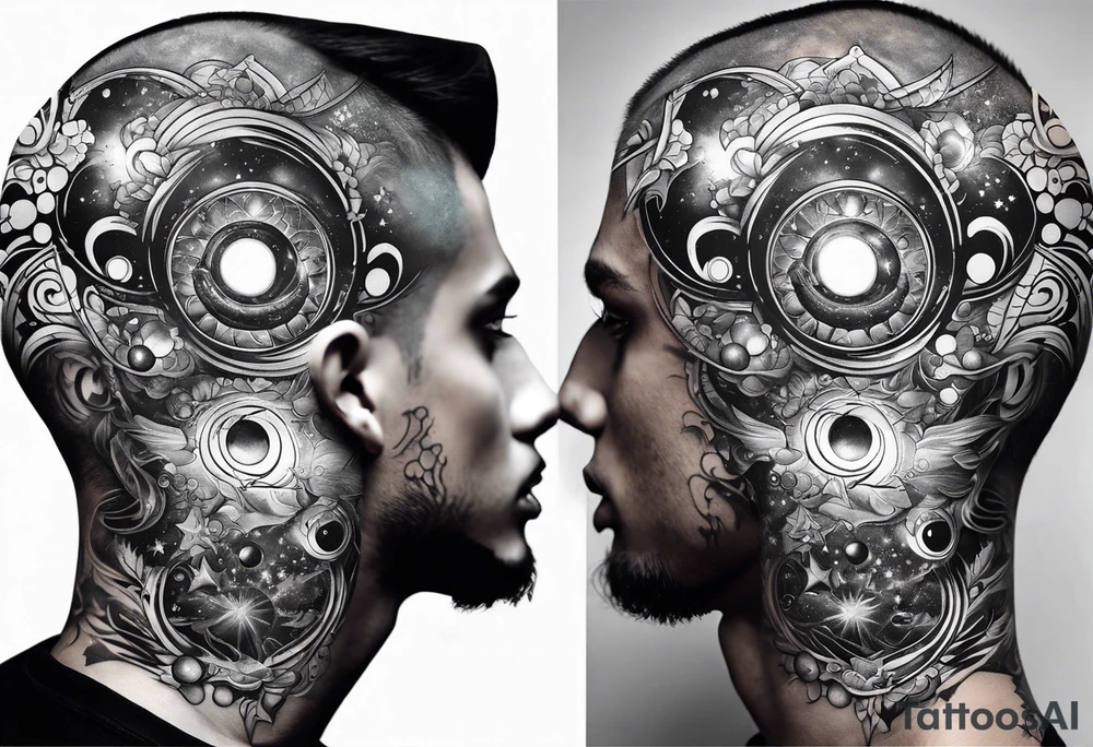 A tekno raver whose face is a mirror reflecting a cosmic scene with planets, black holes, and supernovae. tattoo idea