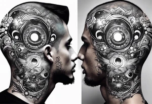 A tekno raver whose face is a mirror reflecting a cosmic scene with planets, black holes, and supernovae. tattoo idea