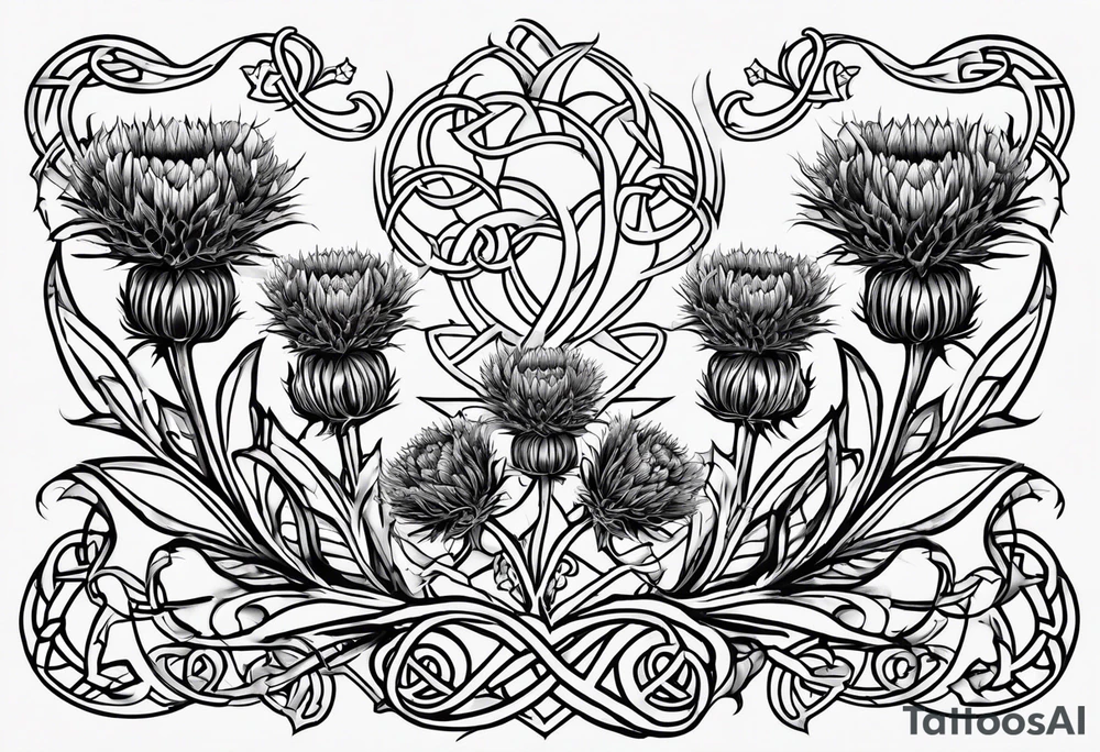 three thistles, Celtic knots, and the words "always remember there is nothing worth sharing like the love that let us share our names" tattoo idea