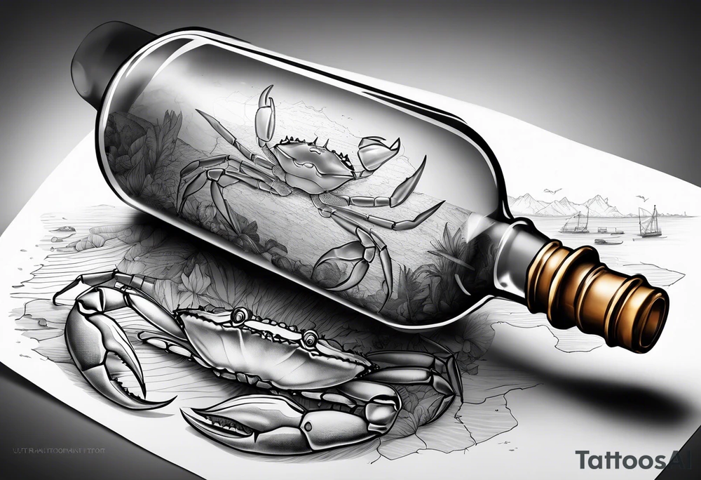 A message in a bottle. Rolled up map inside the bottle. crab outside protecting the bottle. tattoo idea