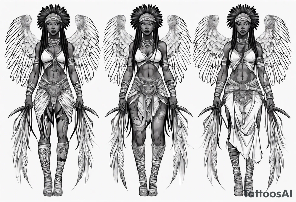 African female valkyre warrior full body angelic
slim long face long braided hair descending from heaven tattoo idea