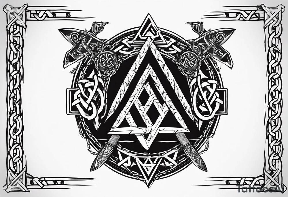 Valhalla sword shield axe barbed wire chains valknut fire tattoo idea Valhalla sword shield axe barbed wire chains valknut fire tattoo idea