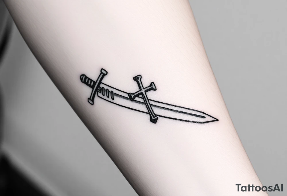 Two swords laying flat on each other with a decent design on them and with a cross or something on the handle of them tattoo idea