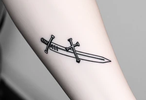 Two swords laying flat on each other with a decent design on them and with a cross or something on the handle of them tattoo idea