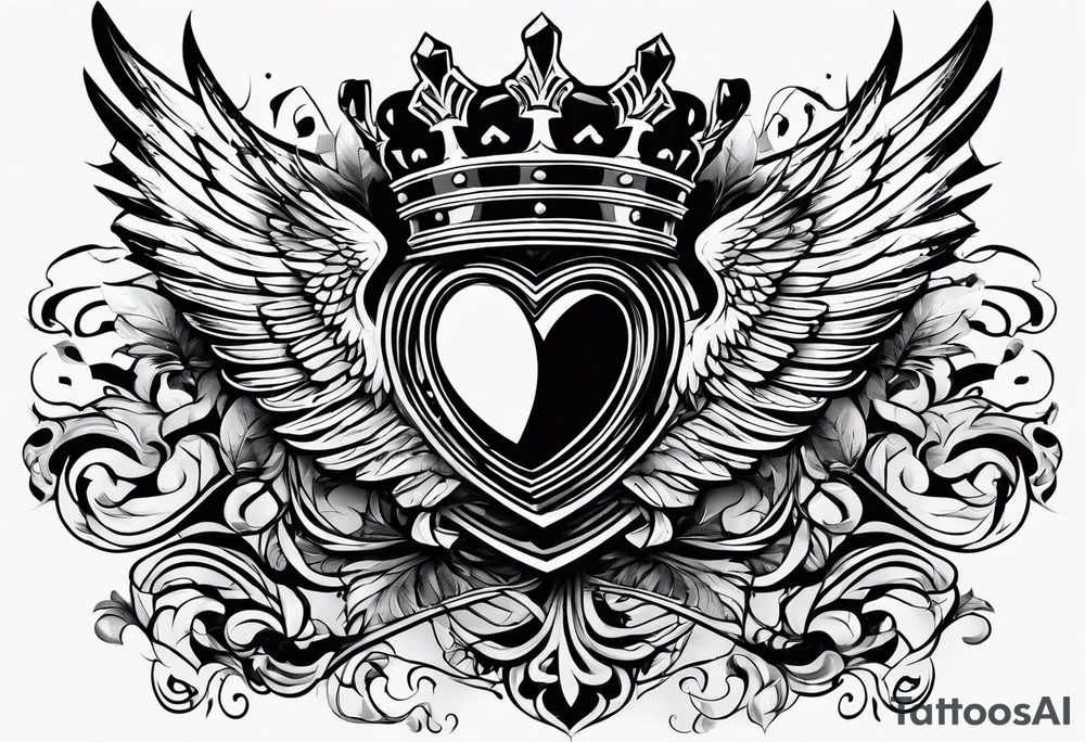 Heart, kings crown and wings tattoo idea